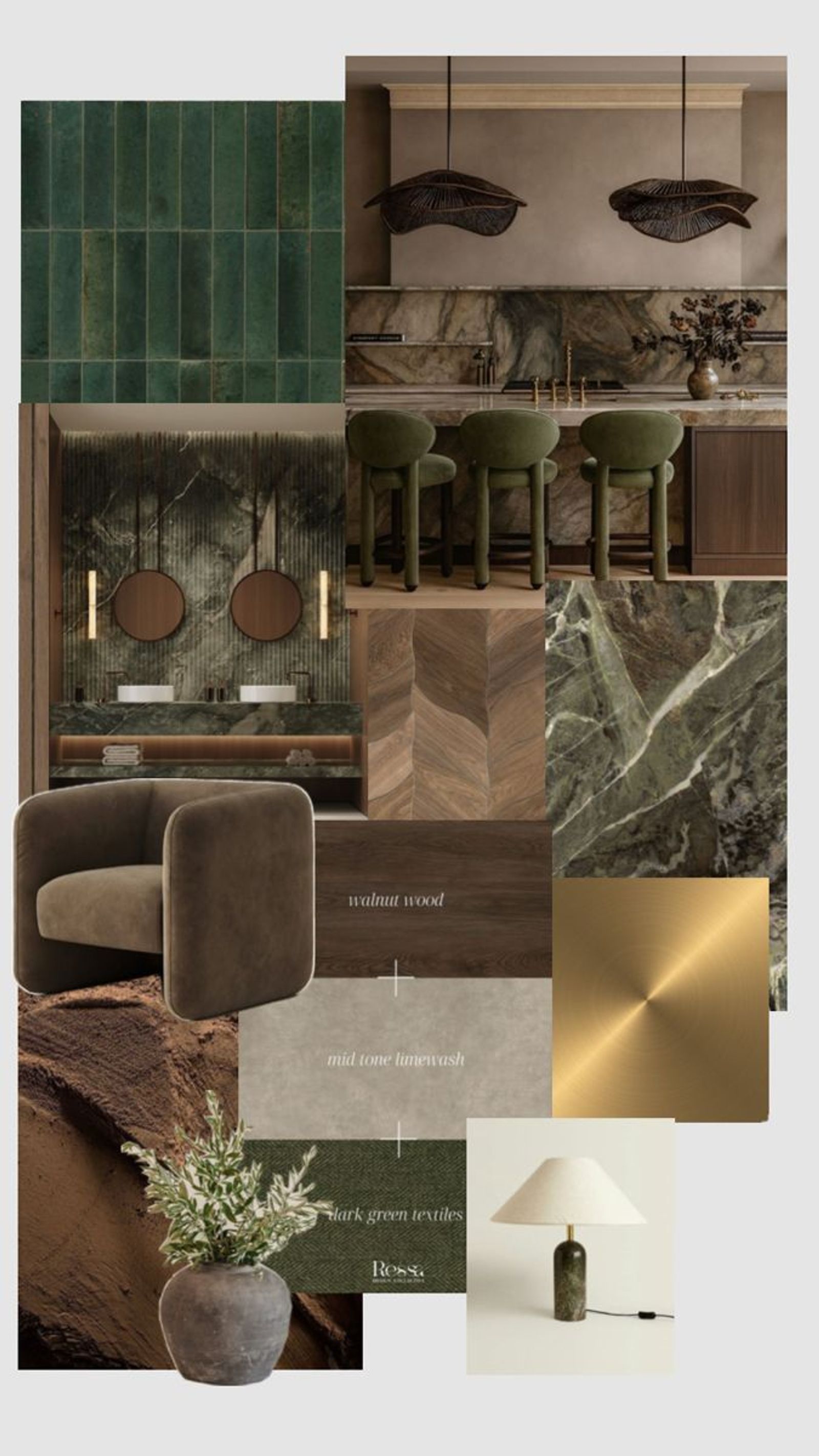 Green and walnut mood board