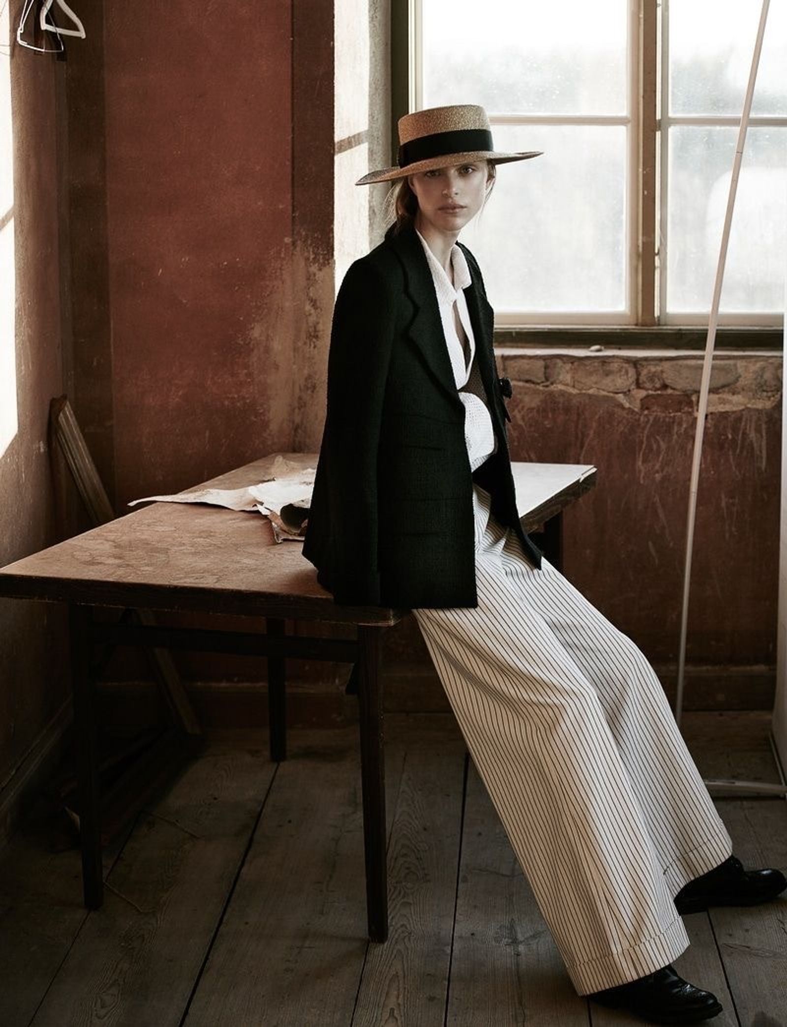 Editorial blazer straw boater hat