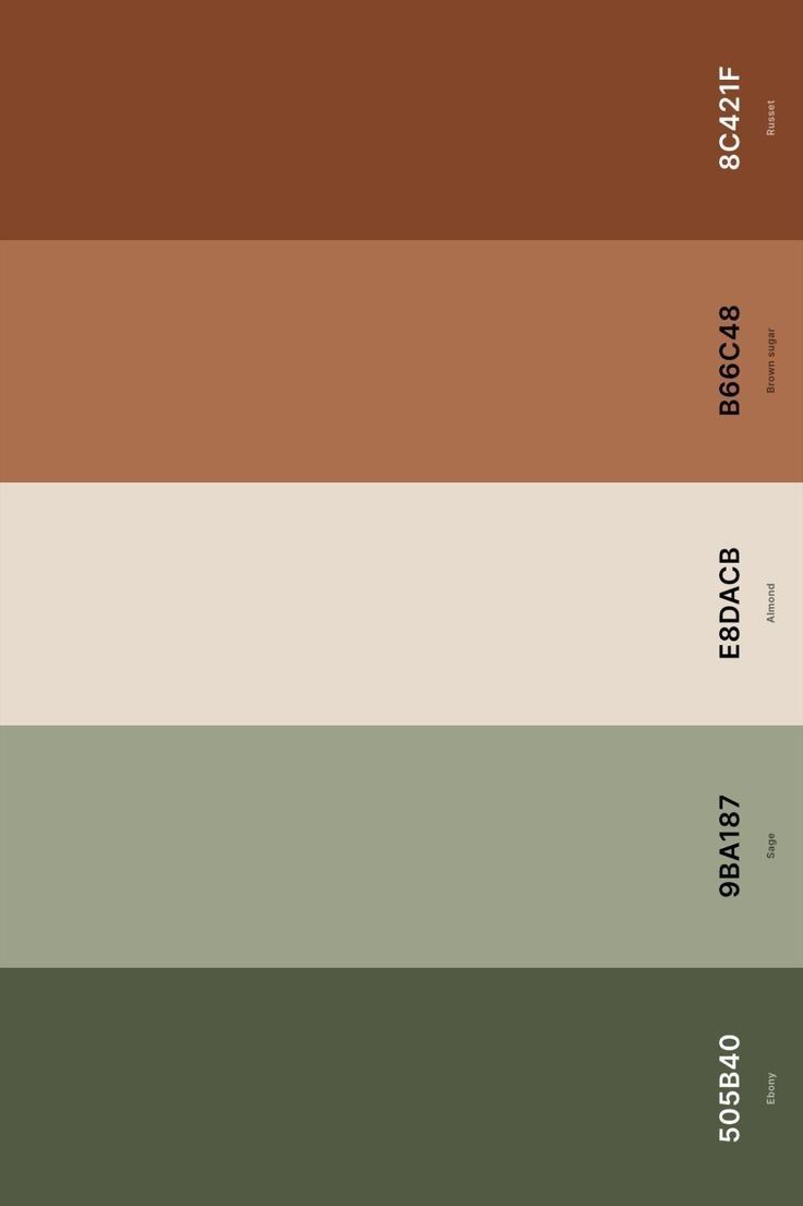 Tosalet color palette — Russet, Brown Sugar, Almond, Sage, Ebony